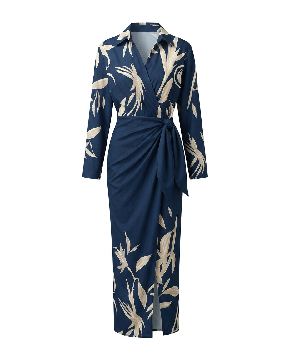 Women's wrap maxi dress with leaf print, collared V-neckline and long sleeves
