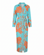 Women's wrap maxi dress with leaf print, collared V-neckline and long sleeves