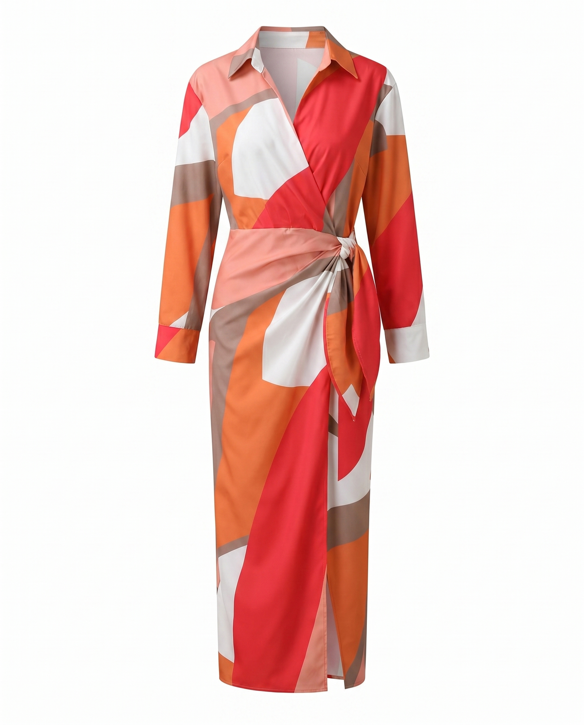 Women's wrap maxi dress with leaf print, collared V-neckline and long sleeves