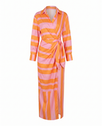 Women's wrap maxi dress with leaf print, collared V-neckline and long sleeves