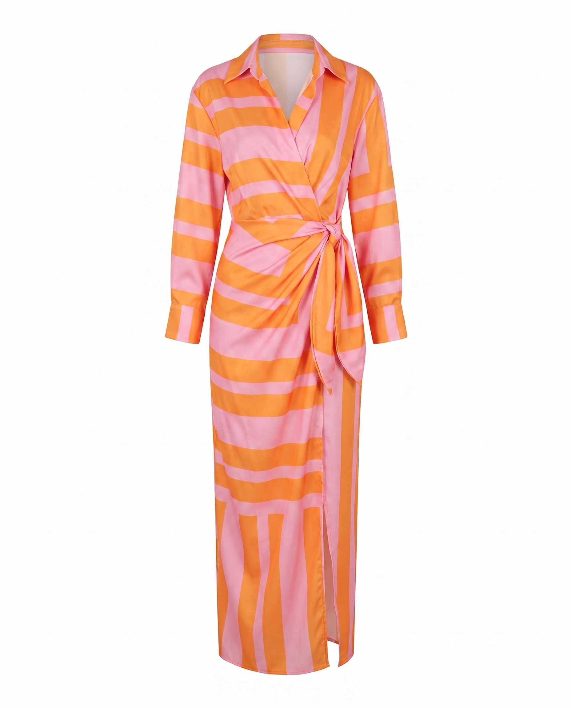 Women's wrap maxi dress with leaf print, collared V-neckline and long sleeves
