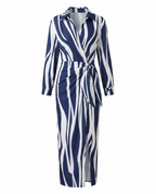 Women's wrap maxi dress with leaf print, collared V-neckline and long sleeves