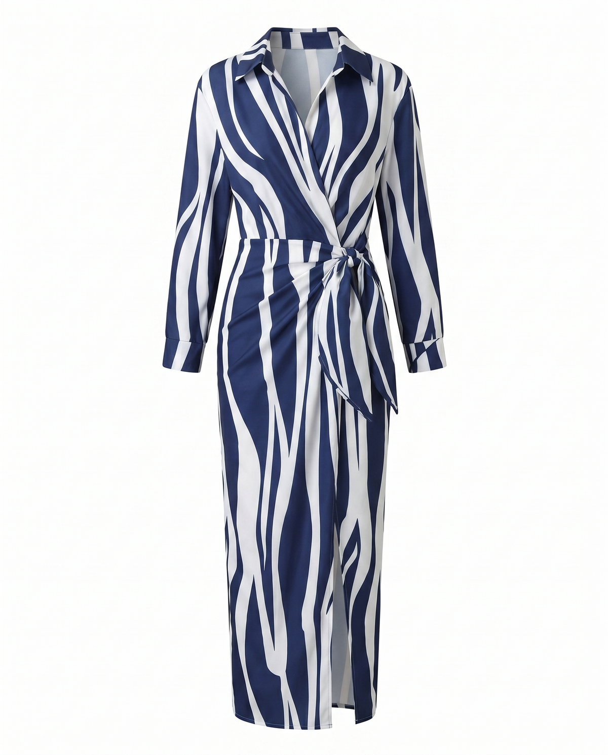 Women's wrap maxi dress with leaf print, collared V-neckline and long sleeves