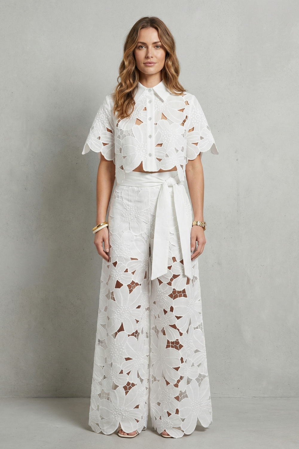 Crop Top Pants Set Women 2 Piece Floral Lace Cutwork Wide Leg | Linnea