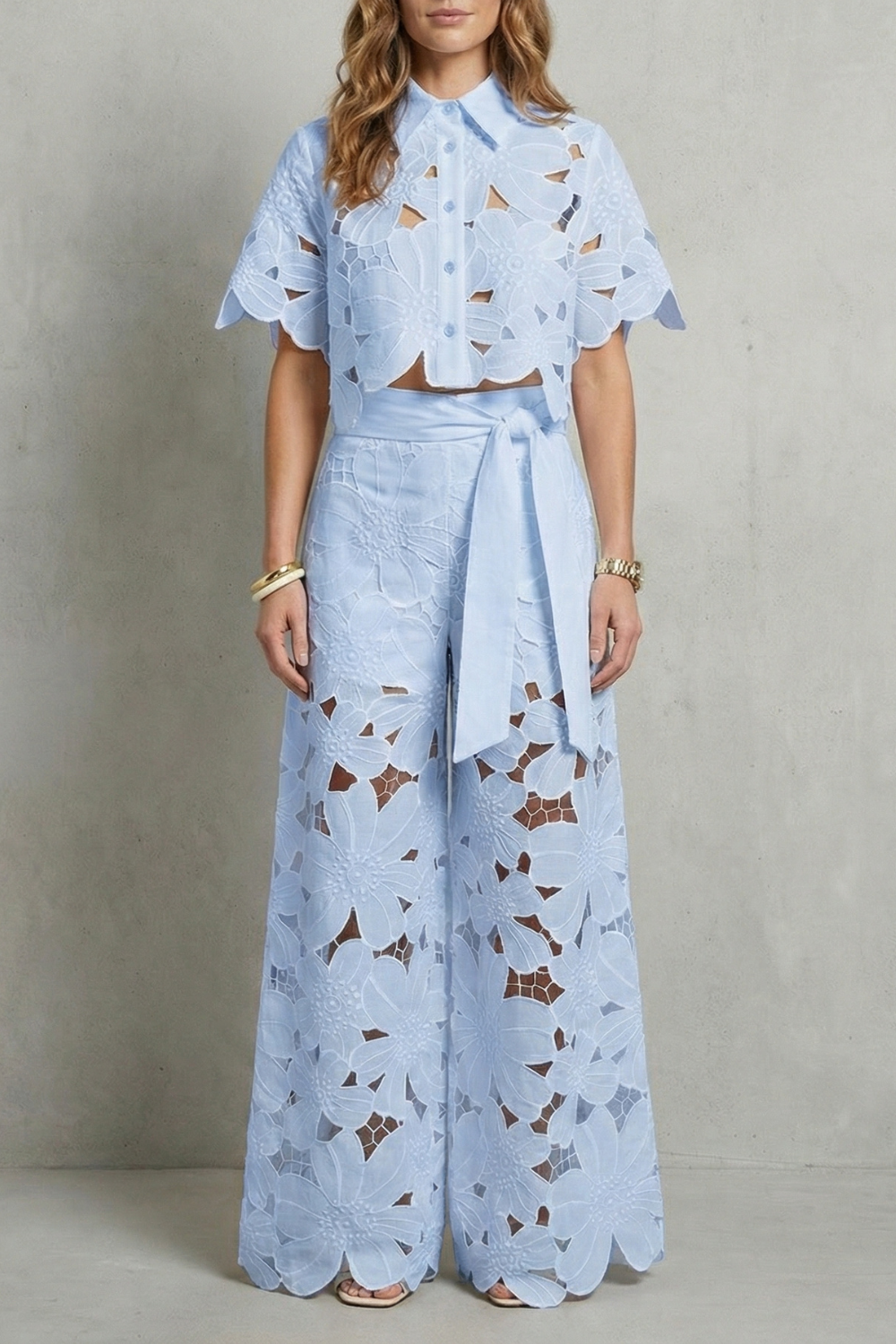 Crop Top Pants Set Women 2 Piece Floral Lace Cutwork Wide Leg | Linnea