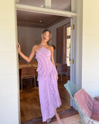 Women's formal maxi dress with halter neck and horizontal ruffle tiers, sleeveless floor-length