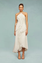 Women's formal maxi dress with halter neck and horizontal ruffle tiers, sleeveless floor-length