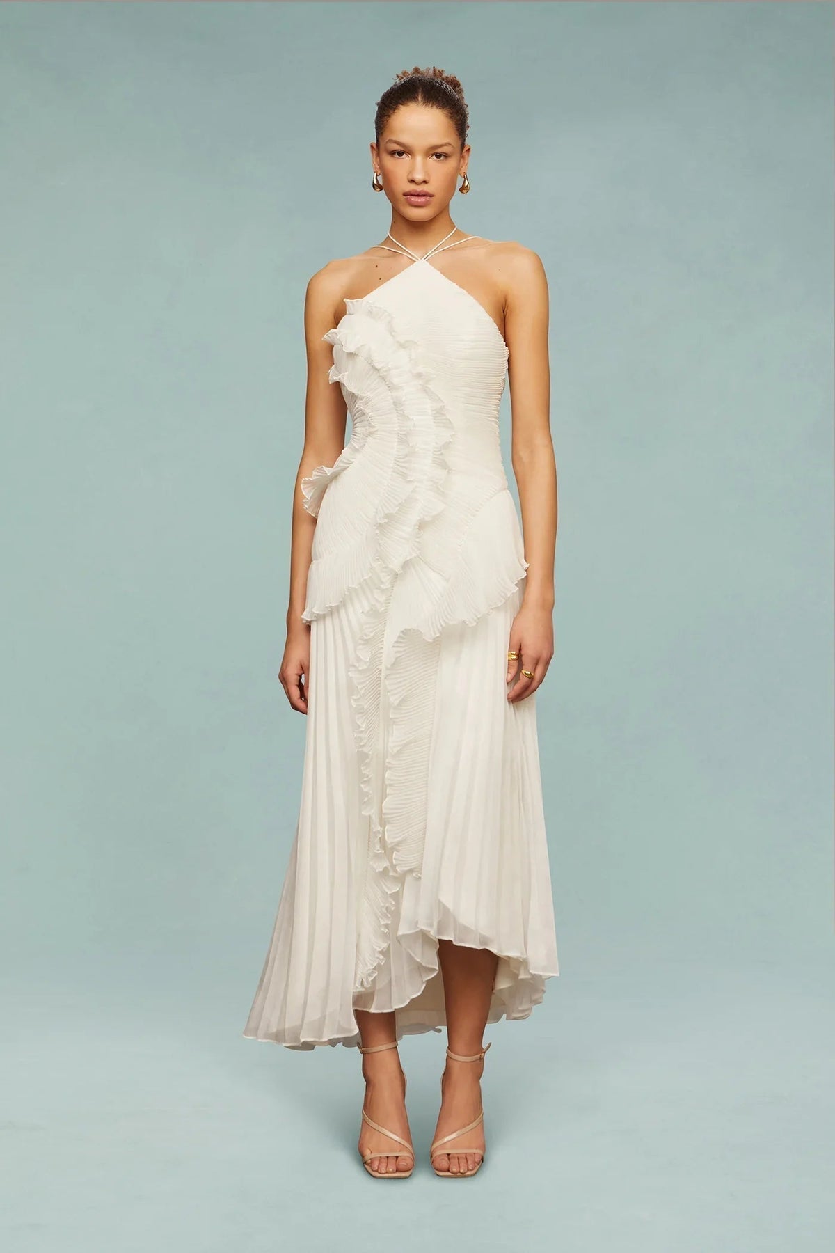 Women's formal maxi dress with halter neck and horizontal ruffle tiers, sleeveless floor-length