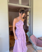 Women's formal maxi dress with halter neck and horizontal ruffle tiers, sleeveless floor-length