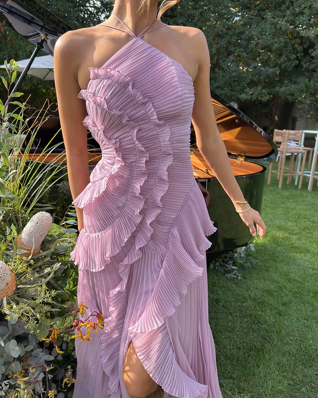 Women's formal maxi dress with halter neck and horizontal ruffle tiers, sleeveless floor-length
