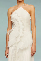 Women's formal maxi dress with halter neck and horizontal ruffle tiers, sleeveless floor-length
