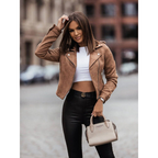 Women suede cropped moto jacket asymmetric zip lapel collar