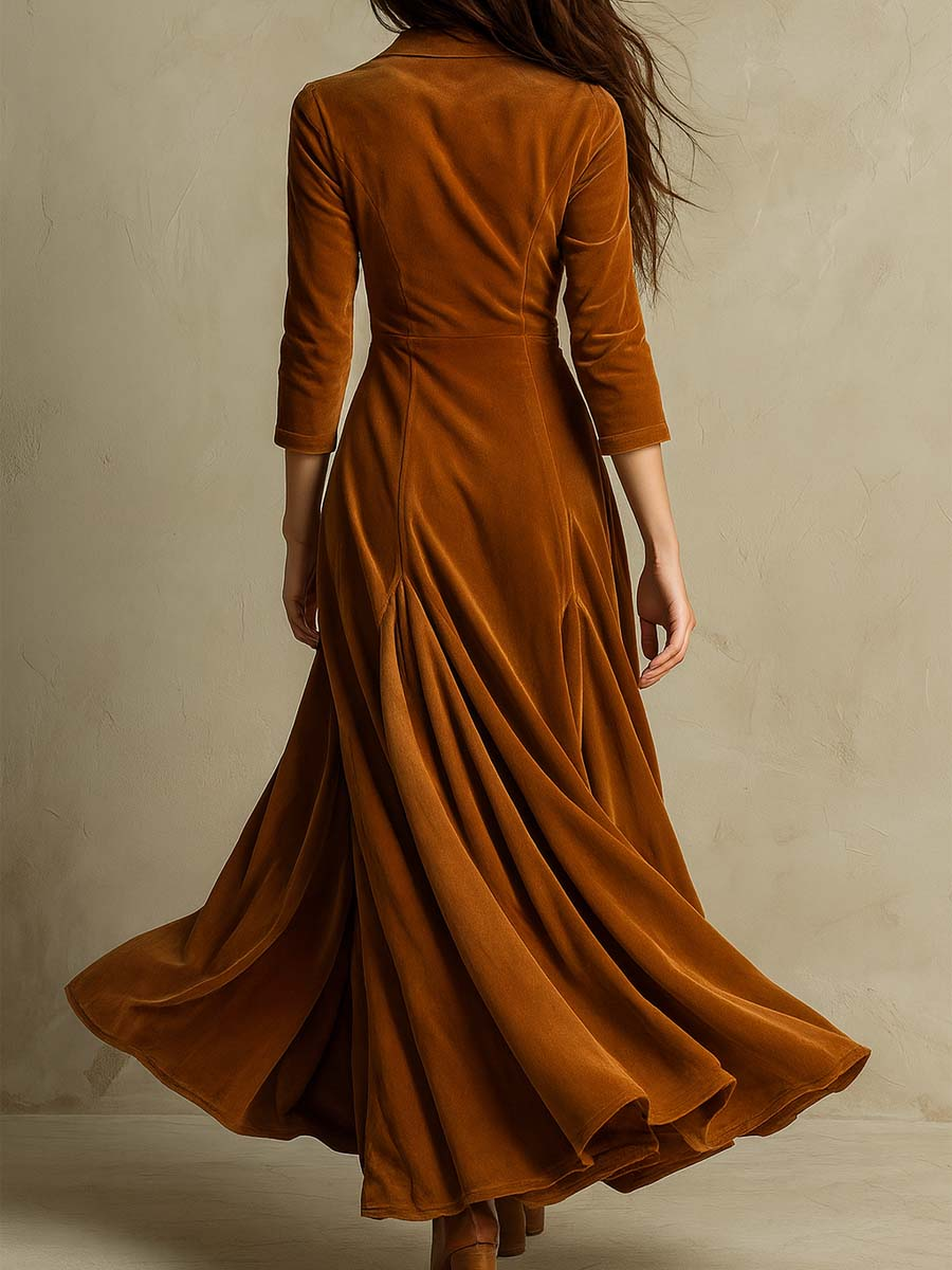 Velvet Dress Women Flared Maxi Three Quarter Sleeve Blazer Style