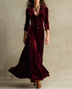Velvet Dress Women Flared Maxi Three Quarter Sleeve Blazer Style