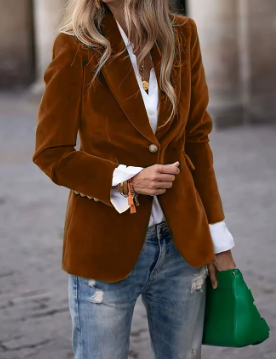 Velvet Blazer Women Notched Lapel Single Button Long Sleeve Winter