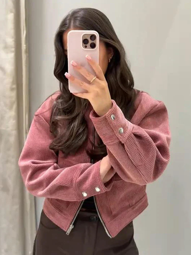 Women cropped zip up bomber jacket with textured detail and sleeve button accents