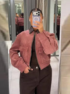 Women cropped zip up bomber jacket with textured detail and sleeve button accents