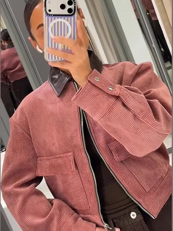 Women cropped zip up bomber jacket with textured detail and sleeve button accents