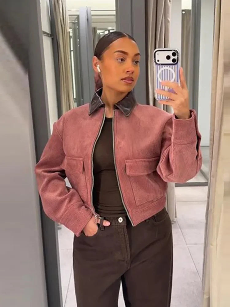 Women cropped zip up bomber jacket with textured detail and sleeve button accents