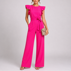 Women wide leg jumpsuit sleeveless with ruffle shoulder and tie waist