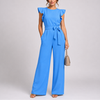 Women wide leg jumpsuit sleeveless with ruffle shoulder and tie waist