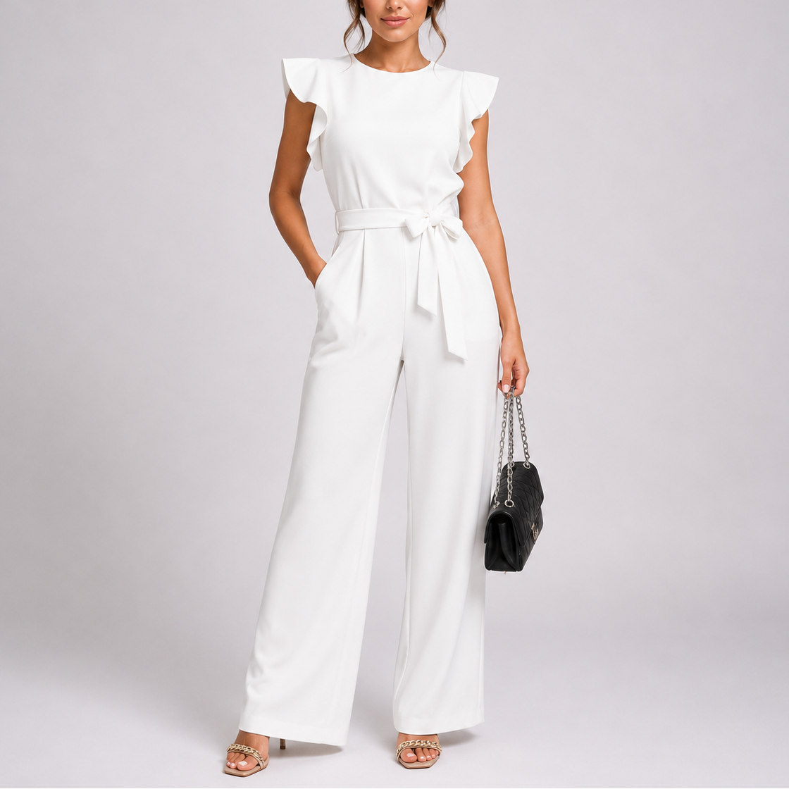 Women wide leg jumpsuit sleeveless with ruffle shoulder and tie waist