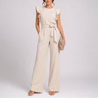 Women wide leg jumpsuit sleeveless with ruffle shoulder and tie waist