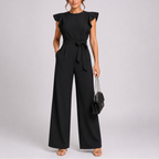 Women wide leg jumpsuit sleeveless with ruffle shoulder and tie waist