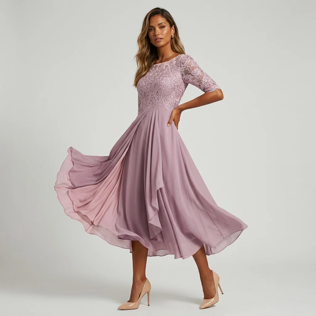 Cocktail Dress Women Midi Length Layered Tulle Lace Sheer Sleeve