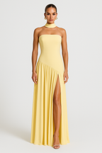 Strapless maxi dress with high front slit and asymmetric waist for women