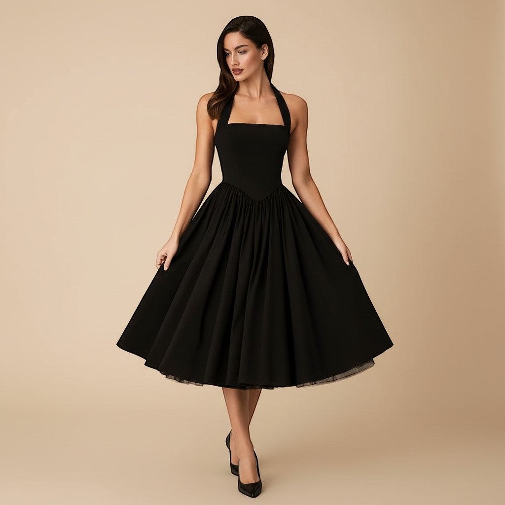 Midi Dress Women Halter Neck Sleeveless Pleated A Line Fit Flare