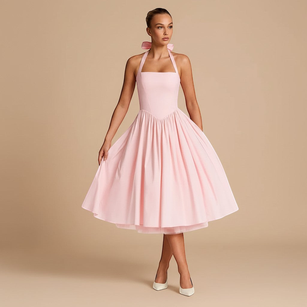 Midi Dress Women Halter Neck Sleeveless Pleated A Line Fit Flare
