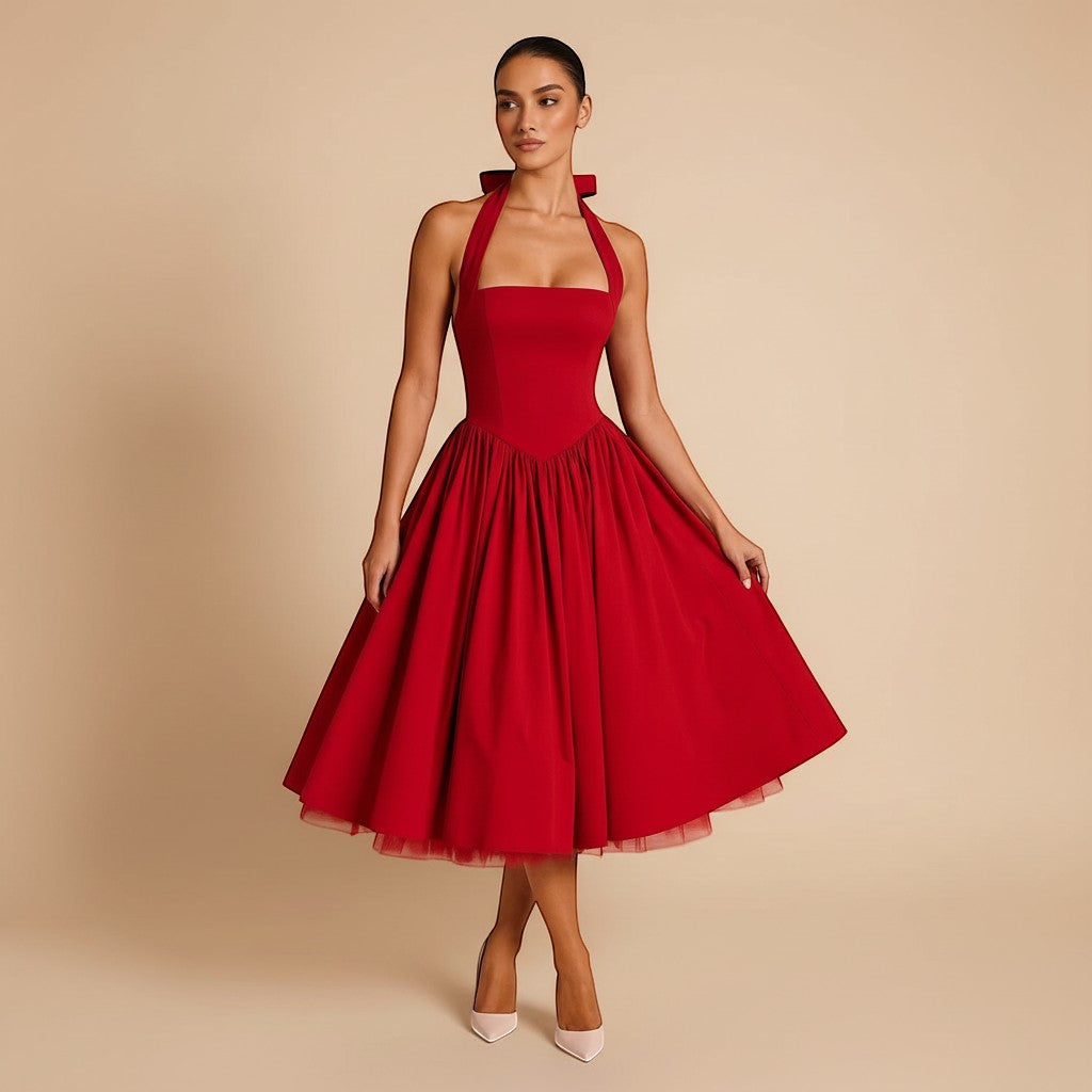 Midi Dress Women Halter Neck Sleeveless Pleated A Line Fit Flare