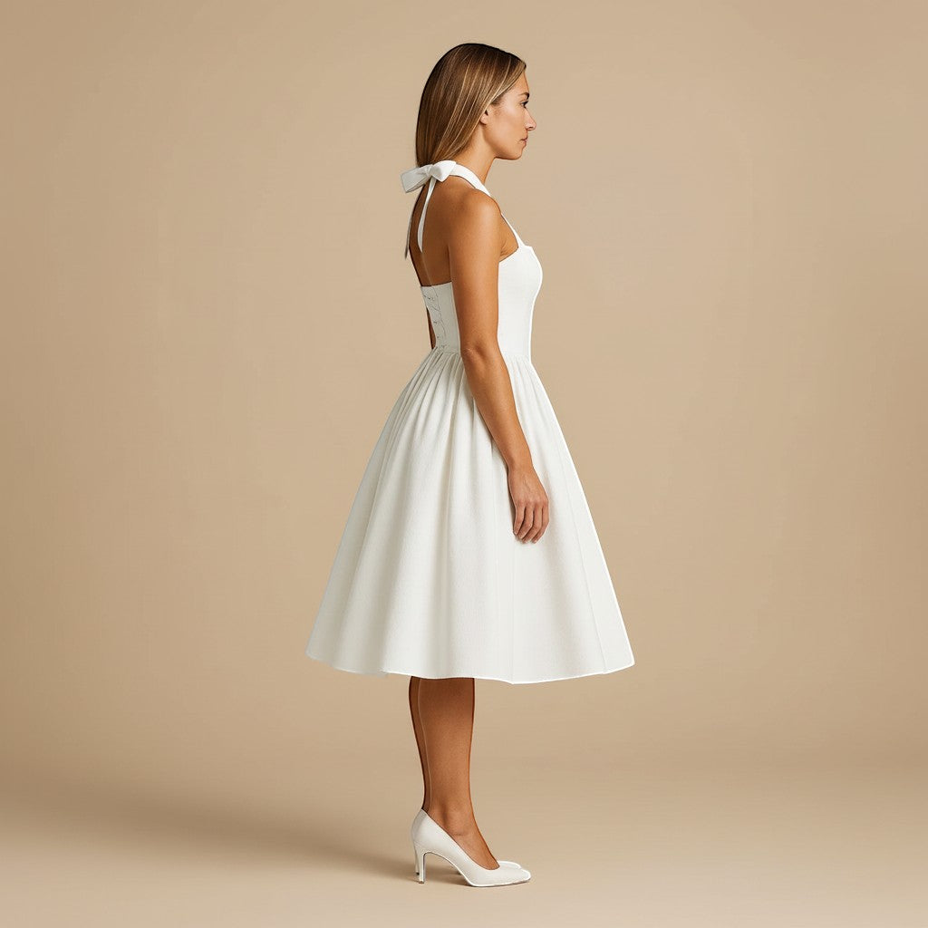 Midi Dress Women Halter Neck Sleeveless Pleated A Line Fit Flare