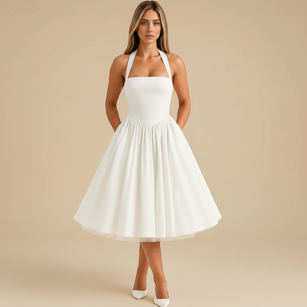 Midi Dress Women Halter Neck Sleeveless Pleated A Line Fit Flare