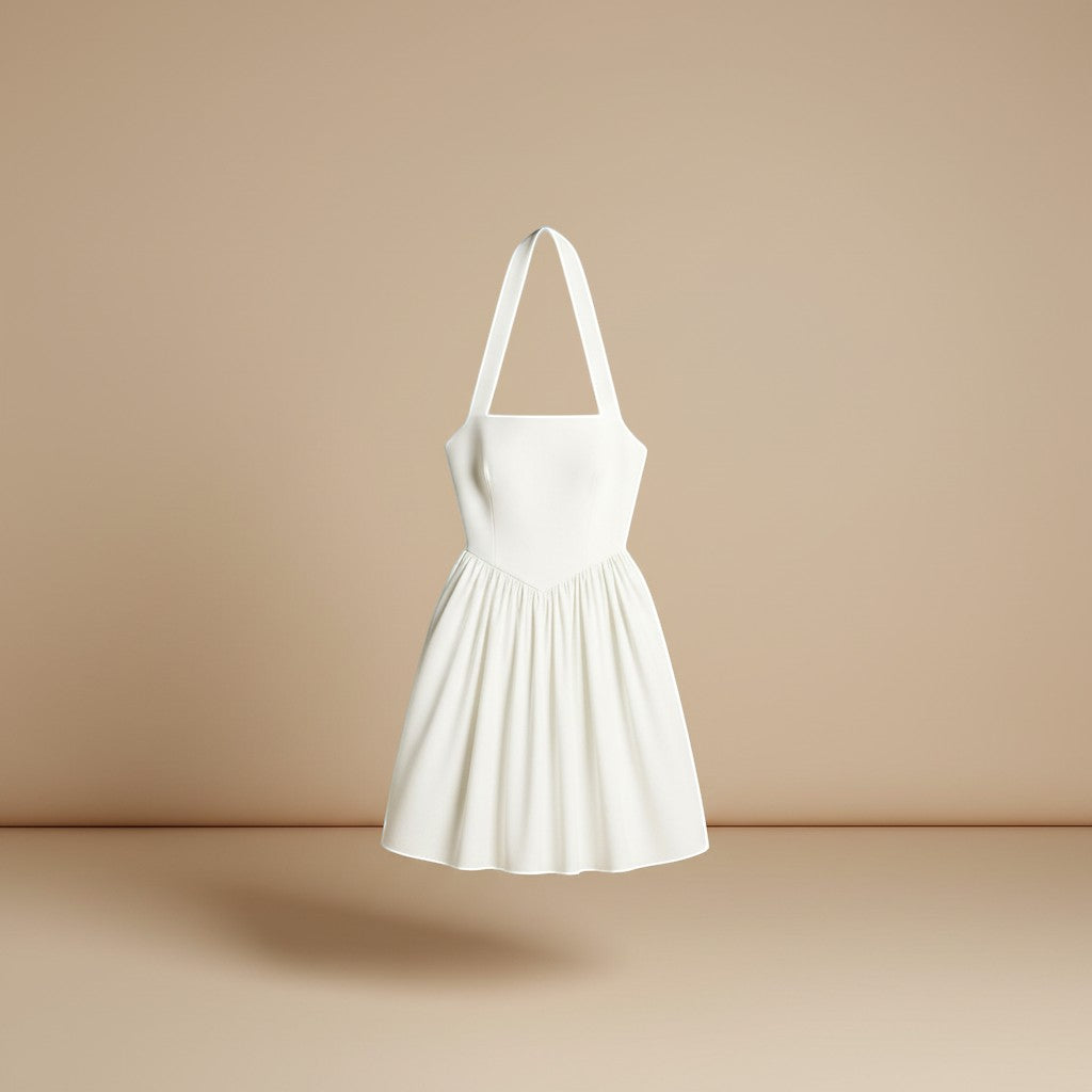Midi Dress Women Halter Neck Sleeveless Pleated A Line Fit Flare