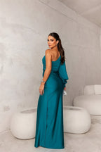 One-shoulder satin maxi evening dress with high slit and ruched draping