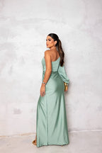 One-shoulder satin maxi evening dress with high slit and ruched draping
