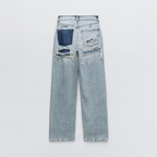 Women's vintage ripped jeans straight leg light blue denim with contrast pockets