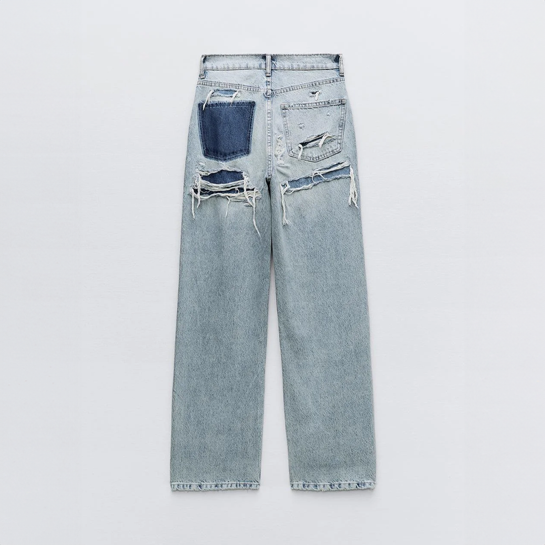 Women's vintage ripped jeans straight leg light blue denim with contrast pockets