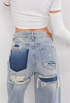 Women's vintage ripped jeans straight leg light blue denim with contrast pockets