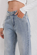 Women's vintage ripped jeans straight leg light blue denim with contrast pockets