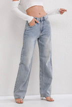 Women's vintage ripped jeans straight leg light blue denim with contrast pockets